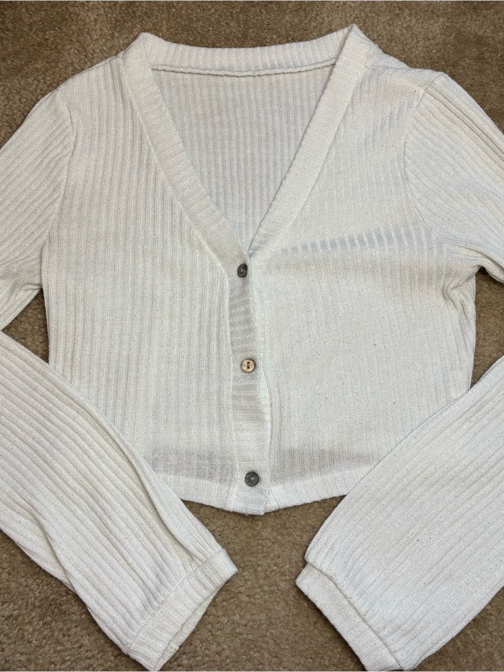 Cropped Cream Ribbed V-Neck Button Cardigan